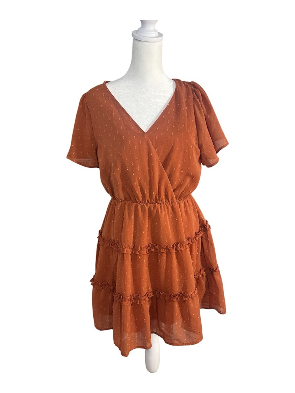 Altar’d State Rust Swiss Dot Ruffle Mini Dress Size Small Wrapped V-Neck Tiered